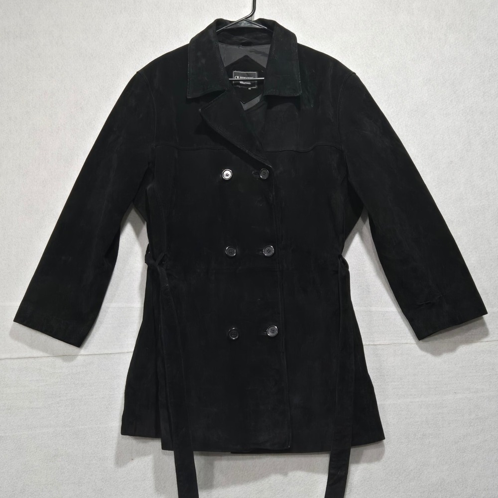 OUTBROOK Woman Black genuine leather Double Breasted Belted Trench Coat 1X